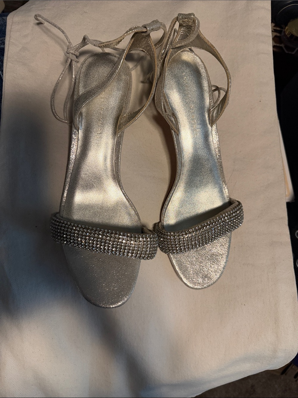 Loeffler Randall Champagne Rhinestone Ankle-Tie Heels